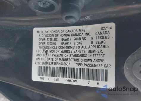 2014 Honda Civic Lx z USA, uszkodzony, nr VIN 2HGFB2F55EH516667